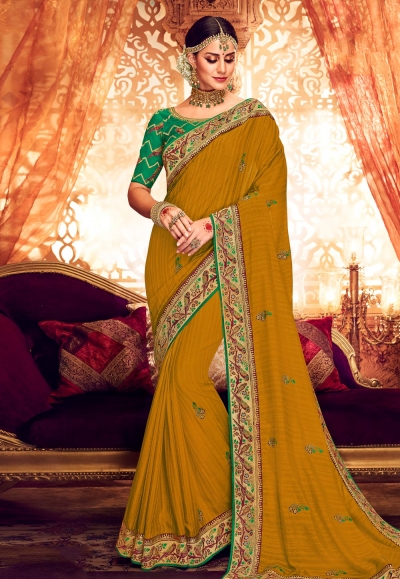 Mustard satin festival wear saree  1907